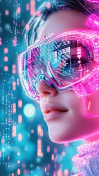 A woman with sleek hair wears augmented reality glasses that display glowing digital information. The background is filled with colorful, flowing data patterns, creating a tech-forward atmosphere.