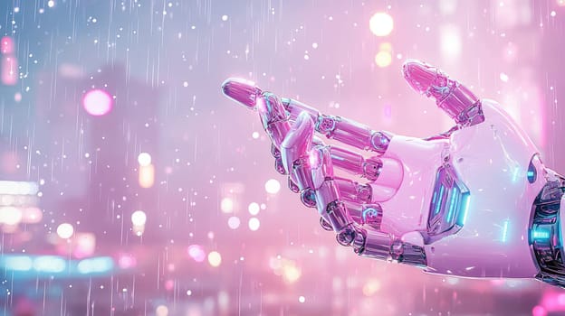 A metallic robotic hand extends into a vibrant urban environment illuminated by colorful lights and falling rain. The atmosphere feels futuristic and surreal.
