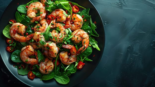 A vibrant salad featuring grilled shrimp atop a bed of fresh spinach and herbs, garnished with red chili peppers for a spicy kick. It's served in a black bowl against a dark background.