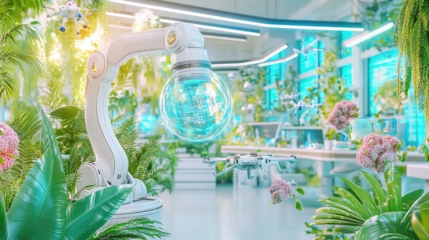In a vibrant laboratory filled with greenery, a robotic arm delicately handles technology while a drone hovers nearby, creating a futuristic atmosphere of innovation and nature.