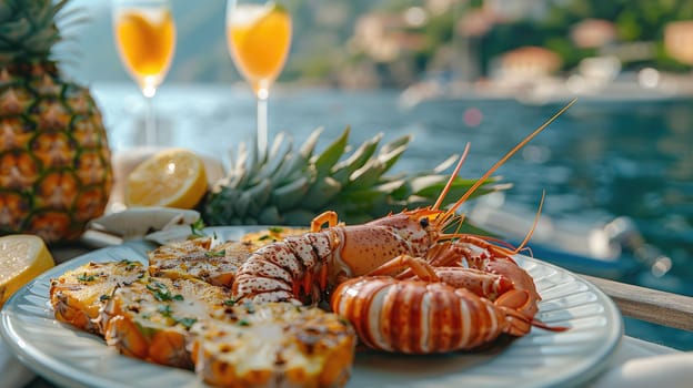 A beautiful spread of grilled lobsters, tropical fruits, and refreshing drinks is displayed on a table by the water. The vibrant colors and serene setting create a perfect dining experience.