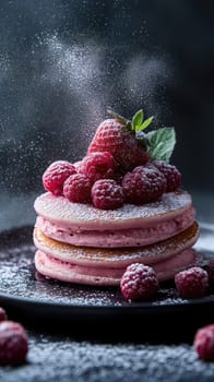 Fluffy pink pancakes are stacked high, adorned with vibrant raspberries and a single strawberry, elegantly dusted with powdered sugar that creates a delightful presentation.