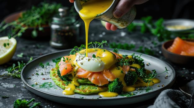 A hand pours rich hollandaise sauce over a colorful plate of poached eggs, smoked salmon, and fresh greens, creating a delightful brunch experience.