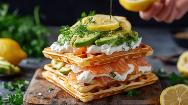 Layers of crispy waffles topped with smoked salmon, creamy herb spread, fresh avocado slices, and a drizzle of lemon juice create a deliciously unique dish.
