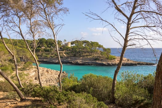 Scenic view of rocky coastline with turquoise sea and dense pine trees, cala mondrago, mallorca, balearic island, spain,