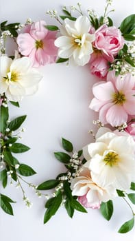 Frame surrounded by spring flowers. High quality photo