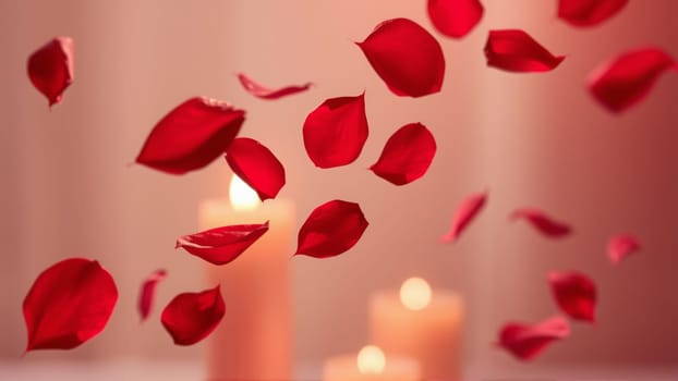 Rose petals falling down against the background of burning candles. High quality photo