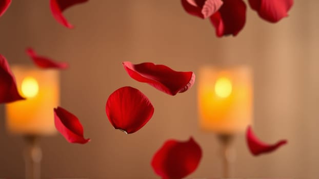 Rose petals falling down against the background of burning candles. High quality photo