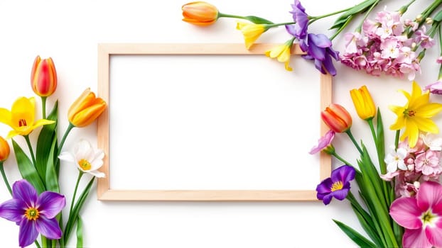 Frame surrounded by spring flowers. High quality photo