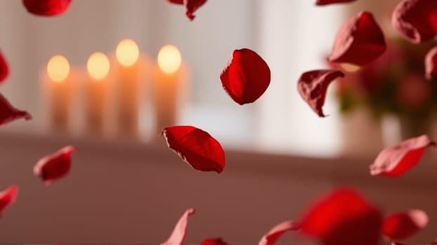 Rose petals falling down against the background of burning candles. High quality photo