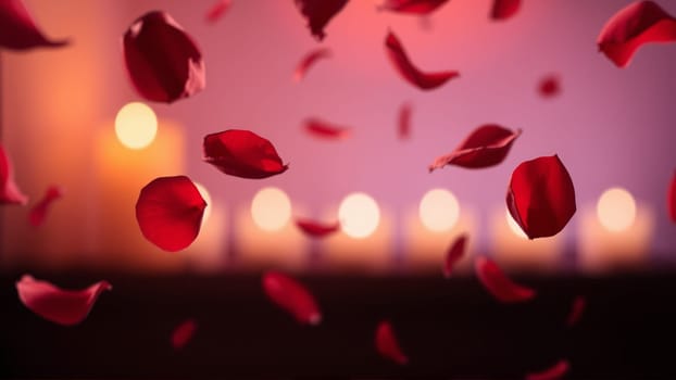 Rose petals falling down against the background of burning candles. High quality photo