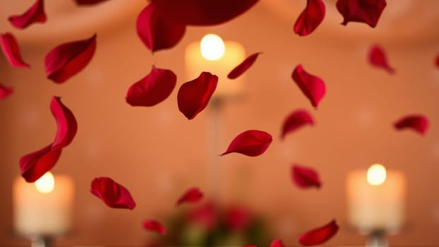 Rose petals falling down against the background of burning candles. High quality photo