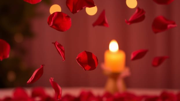 Rose petals falling down against the background of burning candles. High quality photo