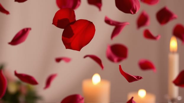 Rose petals falling down against the background of burning candles. High quality photo