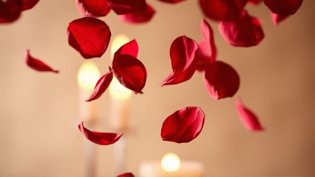 Rose petals falling down against the background of burning candles. High quality photo