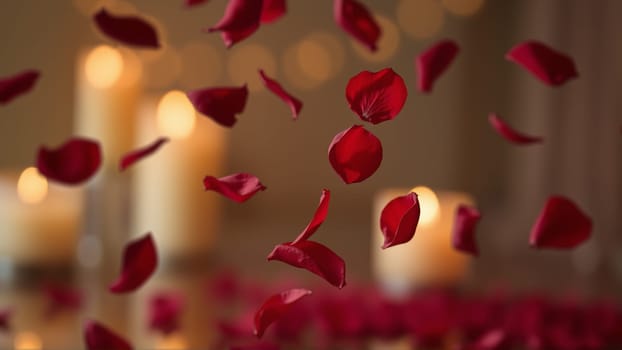 Rose petals falling down against the background of burning candles. High quality photo