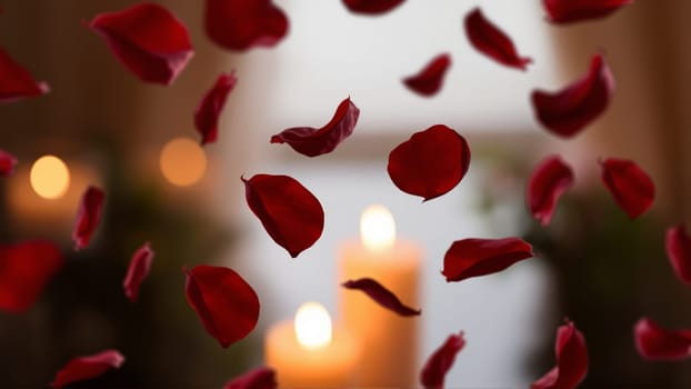 Rose petals falling down against the background of burning candles. High quality photo