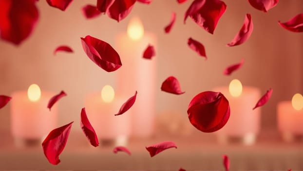 Rose petals falling down against the background of burning candles. High quality photo