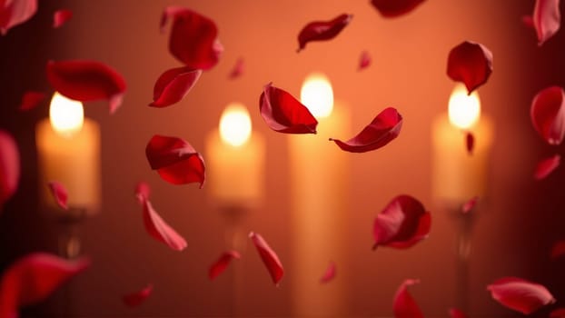 Rose petals falling down against the background of burning candles. High quality photo