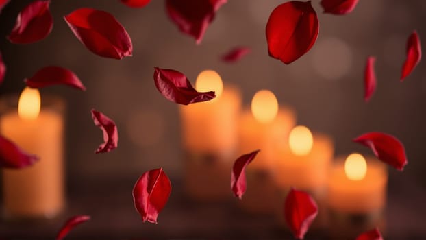 Rose petals falling down against the background of burning candles. High quality photo