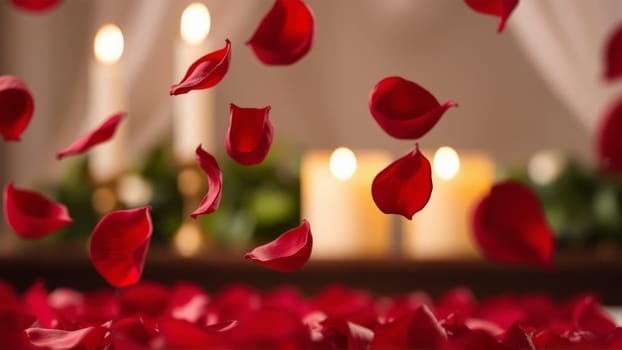 Rose petals falling down against the background of burning candles. High quality photo