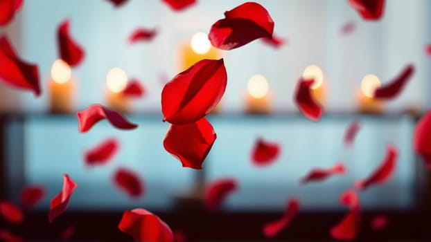 Rose petals falling down against the background of burning candles. High quality photo