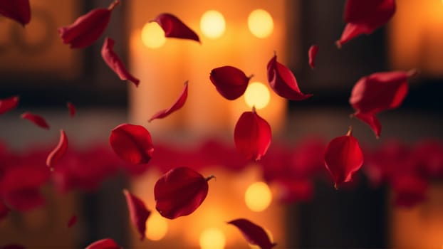 Rose petals falling down against the background of burning candles. High quality photo