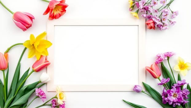 Frame surrounded by spring flowers. High quality photo