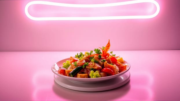 Plate with Pan-Asian food in neon light. High quality photo