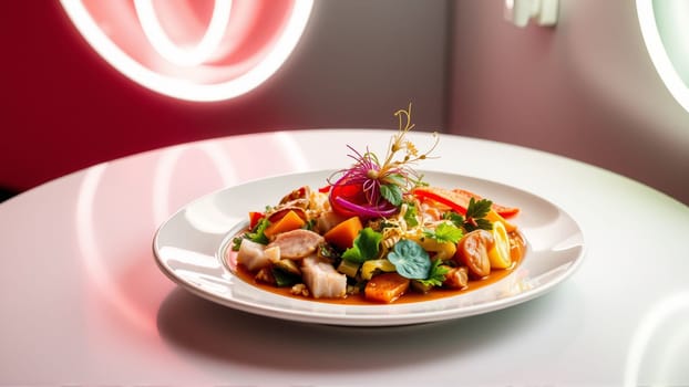 Plate with Pan-Asian food in neon light. High quality photo