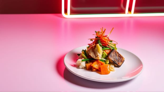 Plate with Pan-Asian food in neon light. High quality photo