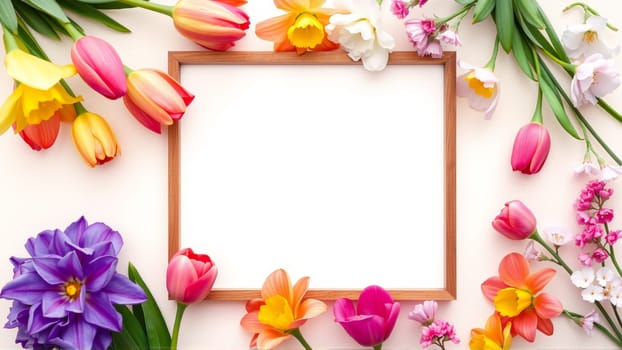 Frame surrounded by spring flowers. High quality photo