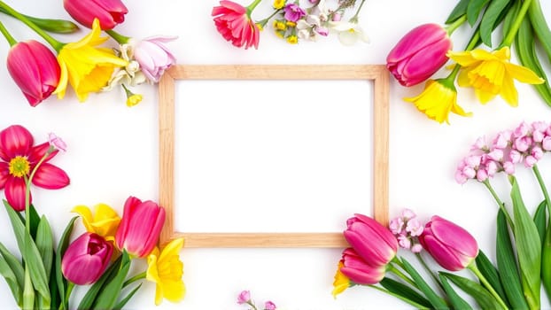 Frame surrounded by spring flowers. High quality photo