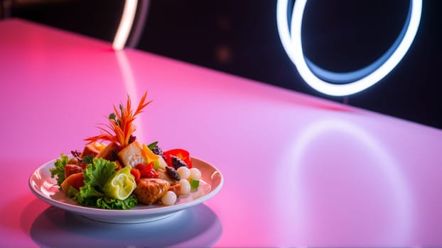 Plate with Pan-Asian food in neon light. High quality photo