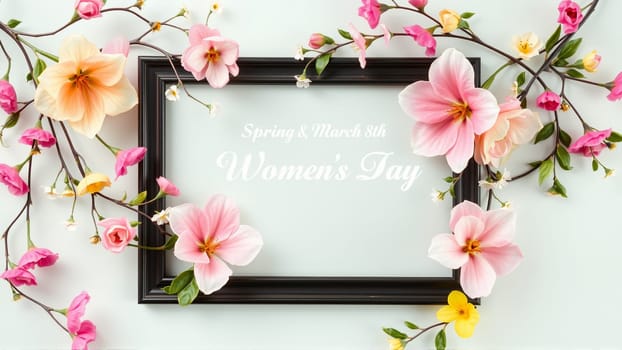 Frame surrounded by spring flowers. High quality photo