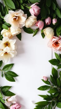 Frame surrounded by spring flowers. High quality photo
