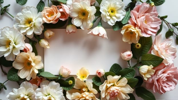 Frame surrounded by spring flowers. High quality photo