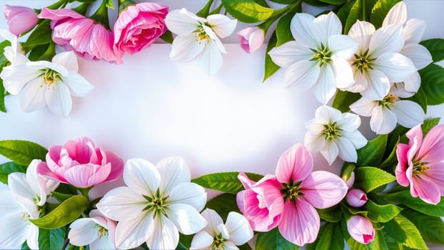 Frame surrounded by spring flowers. High quality photo