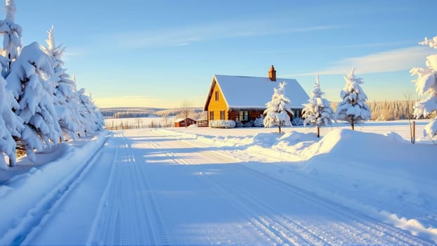 Village house, countryside covered with snow. High quality photo