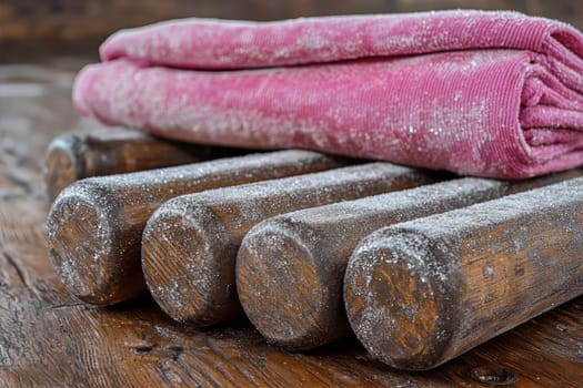 Flour-dusted rolling pins rest on a wooden surface beside a folded pink cloth.