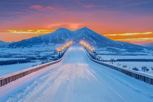 A stunning ski jump showcases its smooth surface under a colorful sunset sky with mountains.