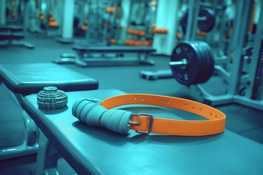A weightlifting belt and weights rest on a bench in a bright gym filled with machines.