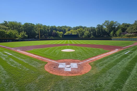 A pristine baseball field featuring a well-maintained infield and outfield surrounded by trees.