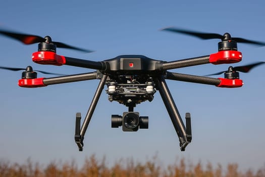 A drone is suspended in the air, prepared to capture aerial images in clear skies.