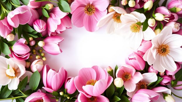 Frame surrounded by spring flowers. High quality photo