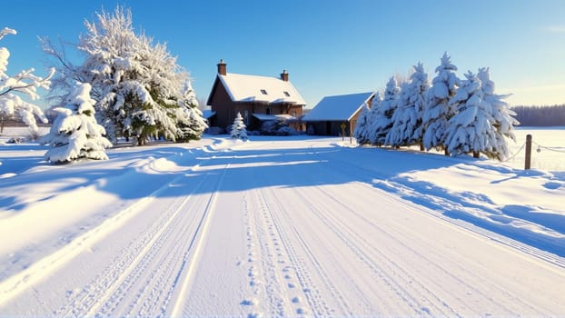 Village house, countryside covered with snow. High quality photo