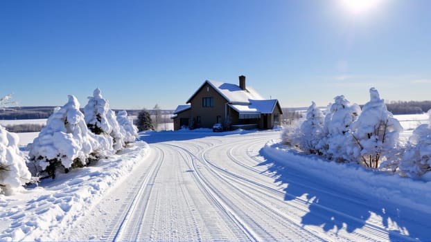 Village house, countryside covered with snow. High quality photo