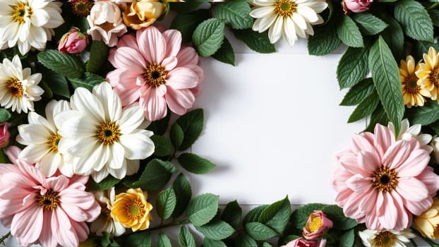 Frame surrounded by spring flowers. High quality photo