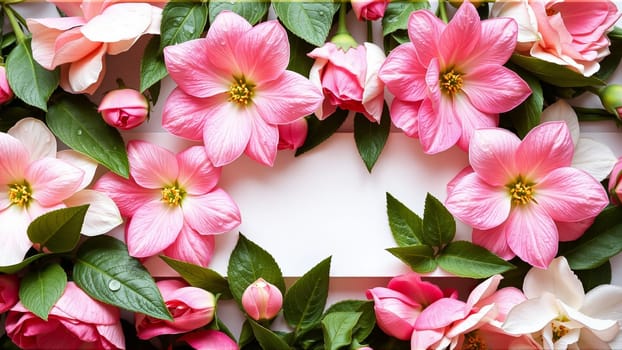 Frame surrounded by spring flowers. High quality photo