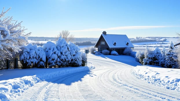 Village house, countryside covered with snow. High quality photo